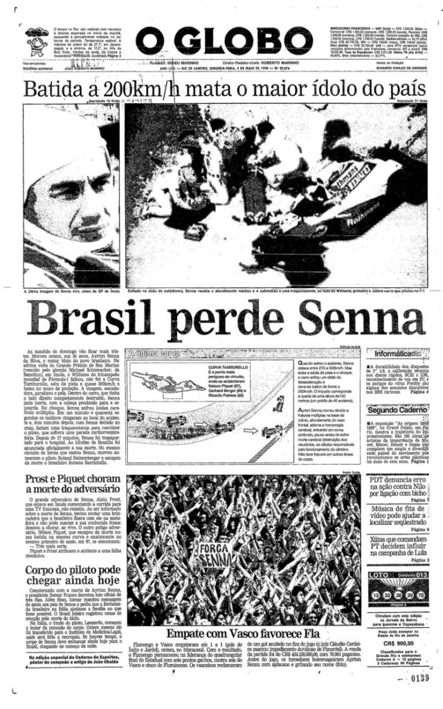 Naslovna strana lista O Globo, dan posle Senine smrti