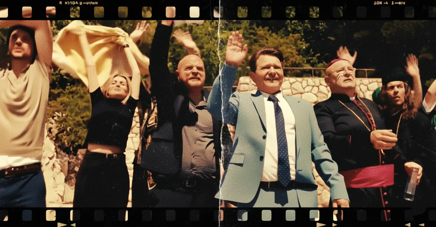 Dragan Bjelogrlić, Rene Bitorajac i drugi u kadru iz filma "Svadba"